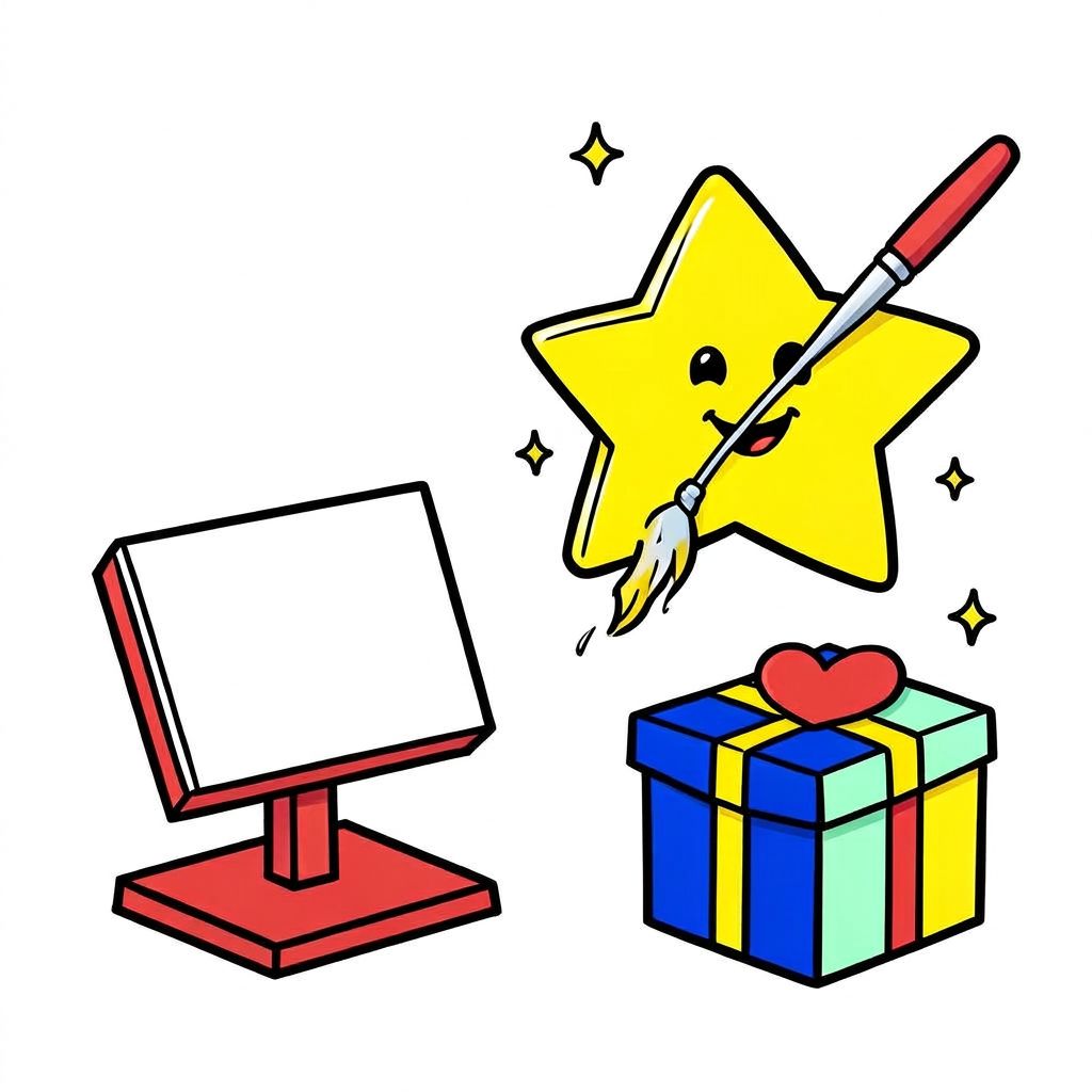 Illustrated smiling star being painted beside a blank sign stand and a gift box with a heart tag
