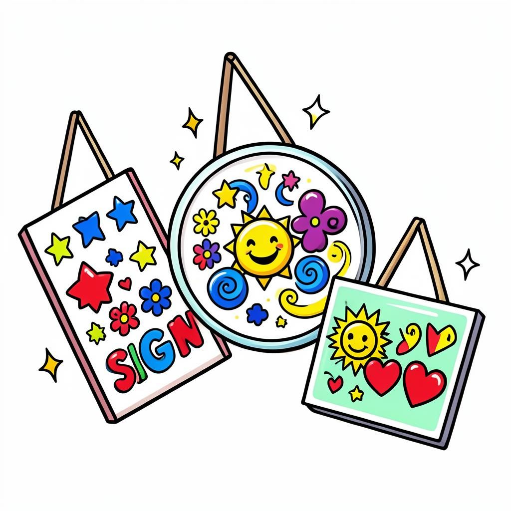 Colorful illustrated sublimated signs decorated with stars, flowers, and a smiling sun