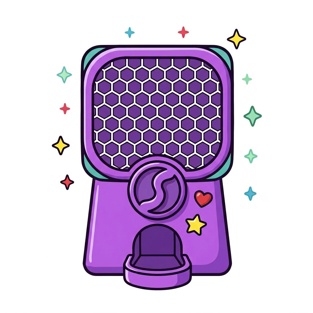Illustration of the Fantastic Vending Machine, a 3D printed capsule dispenser with a purple frame, honeycomb front panel, swirl dial, and open catch tray